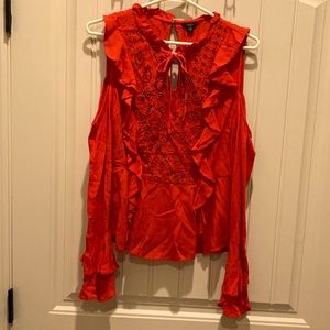 Guess Red Ruffled Cold Shoulder Blouse with Embellishments on the Front Size S
